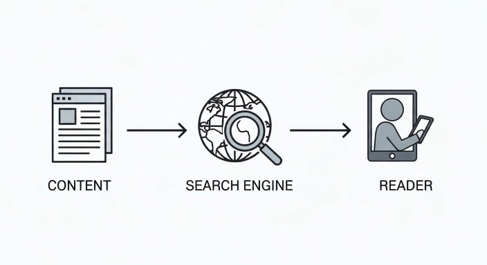 Simple diagram showing content → search engine → reader